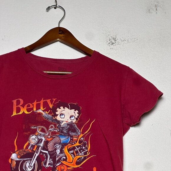 Biker Betty Boop Cartoon Motorcycle Y2K Flaming Graphic T Shirt Women S Red - Picture 3 of 10